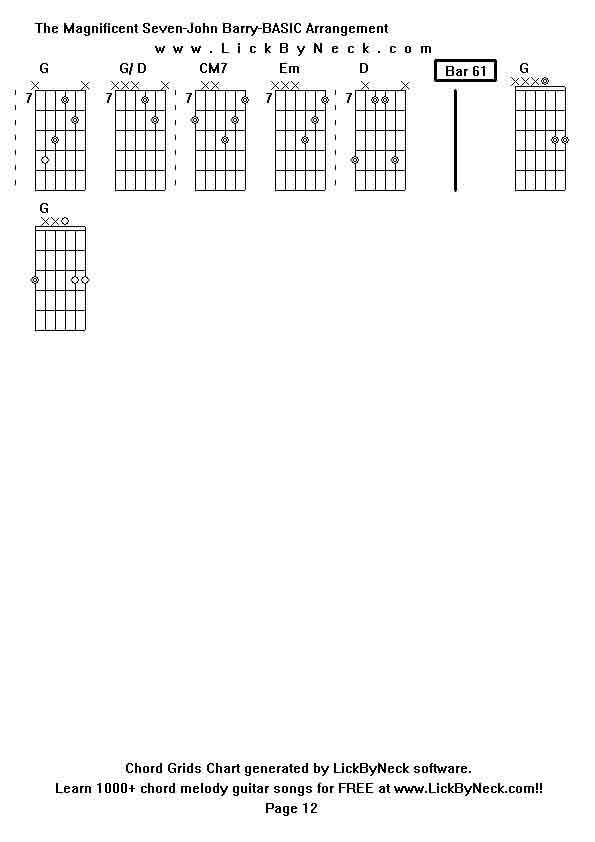 Chord Grids Chart of chord melody fingerstyle guitar song-The Magnificent Seven-John Barry-BASIC Arrangement,generated by LickByNeck software.